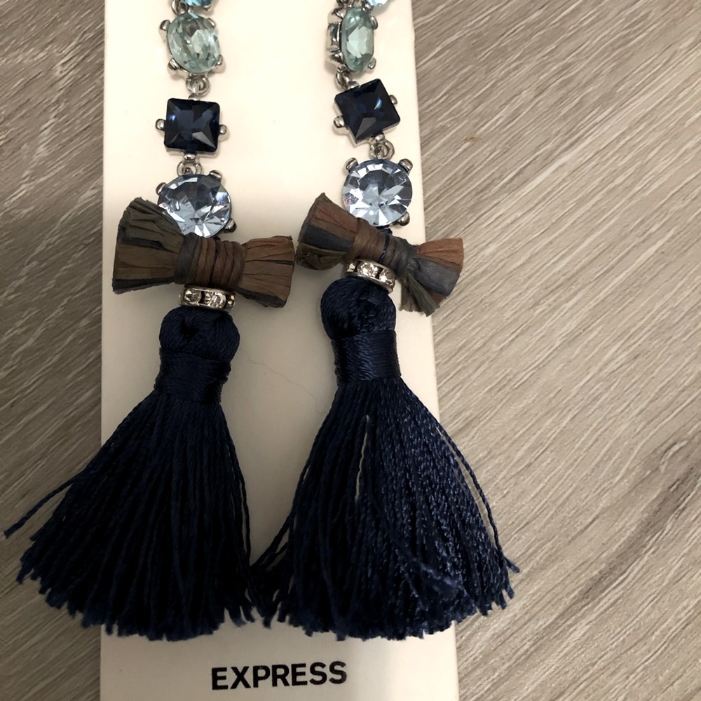 Earrings with blue crystals and dark blue tassels from Express